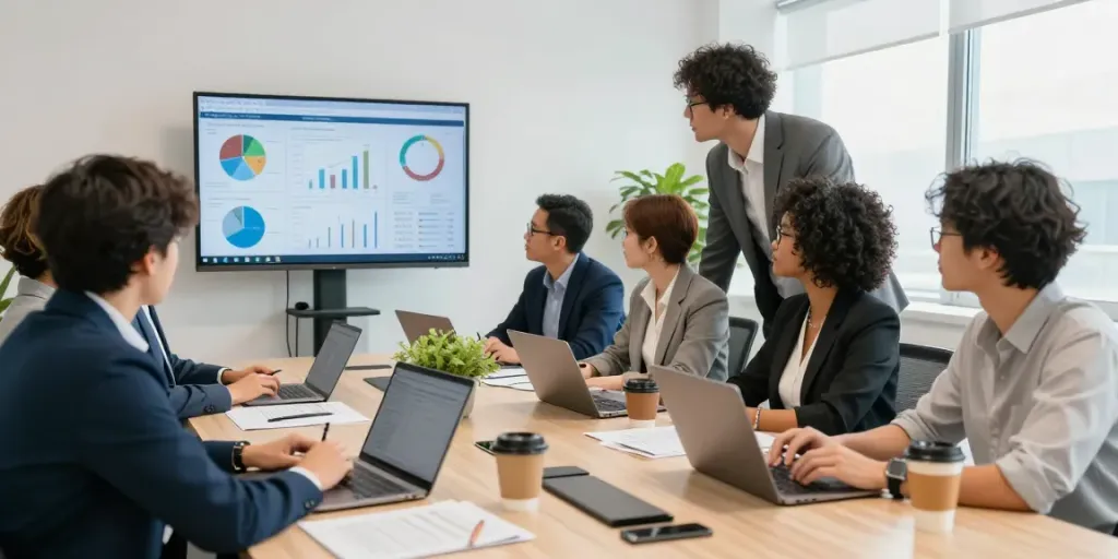 Collaborateurs dans un environnement d'affaires dynamique autour d'une table, utilisant Atlas pro pour atteindre le succès.