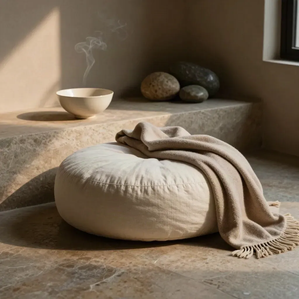 Coin de méditation avec zafu, couverture en laine, bol en céramique et autel de pierre.