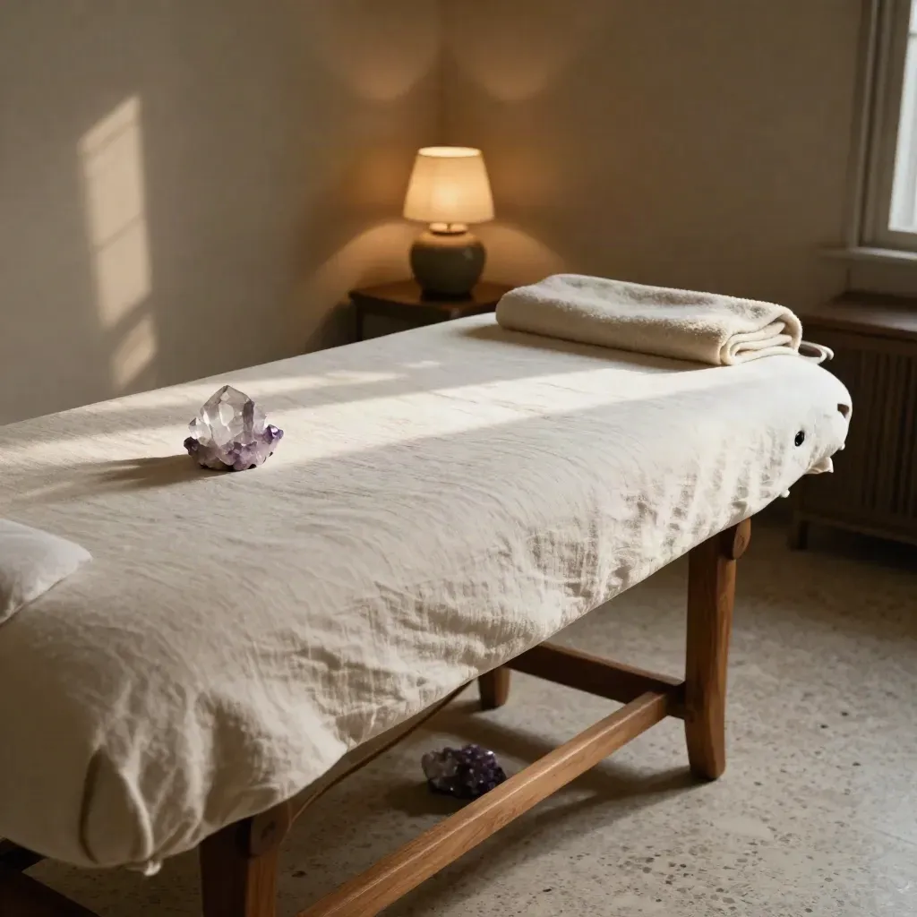 Table de soin reiki en lin, quartz, améthyste et lampe céramique dans une pièce apaisante.