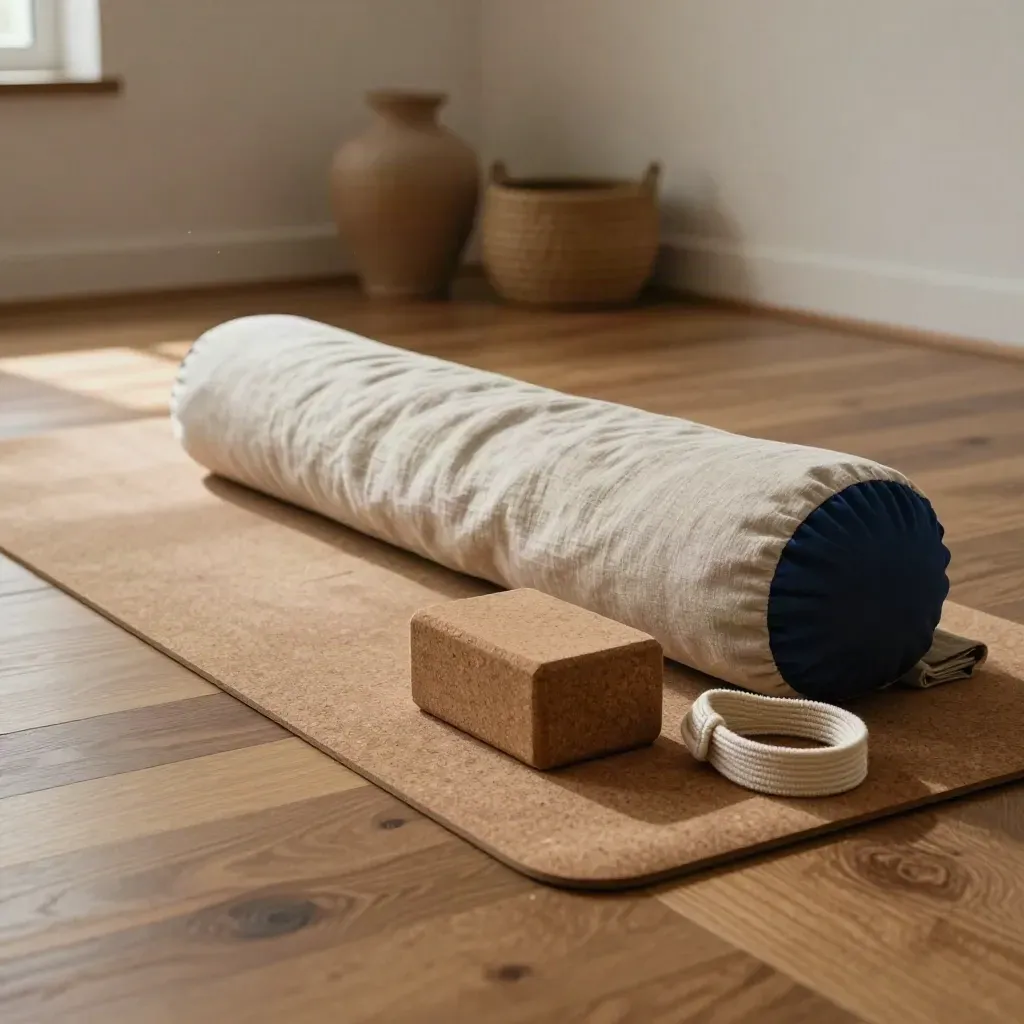 Studio de yoga avec tapis en liège, bolster, blocs, couverture et sangle, lumière douce.