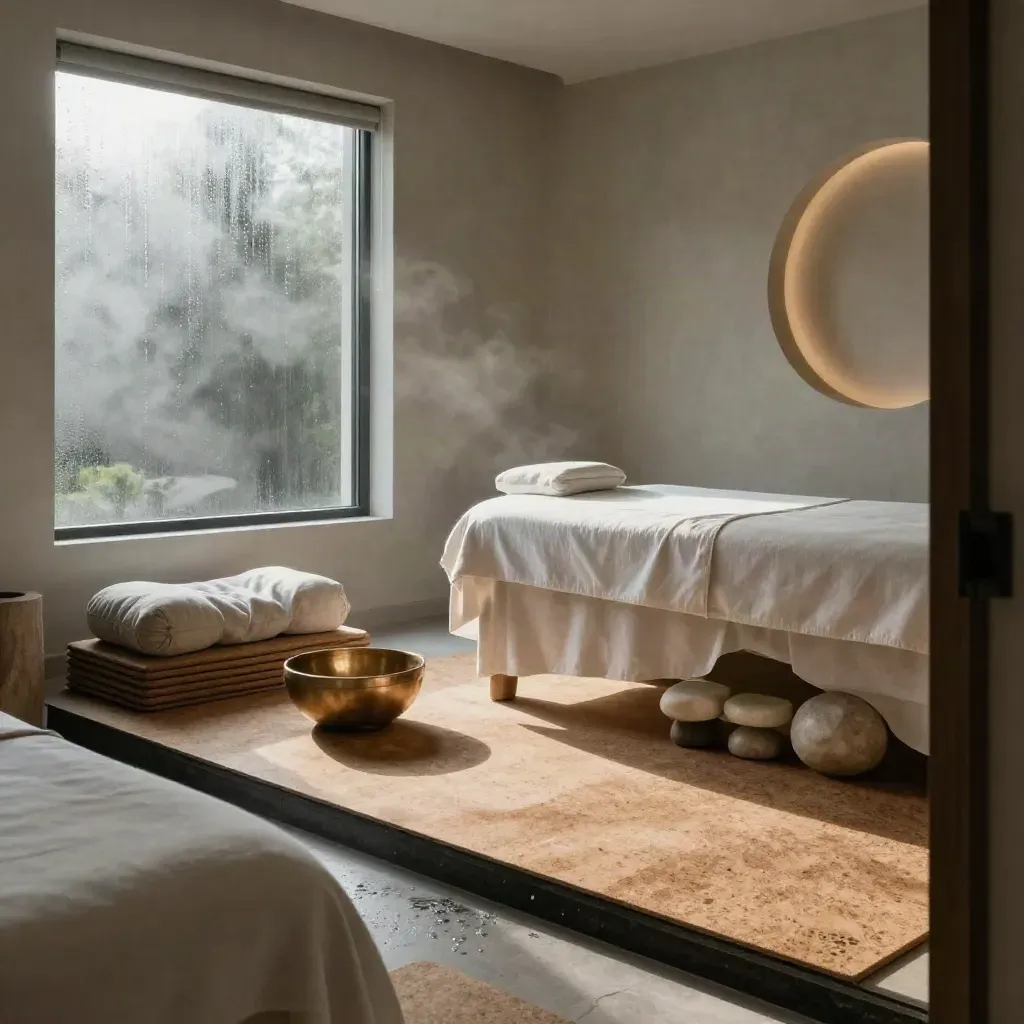 Salle de bien-être lunaire avec tapis de yoga, bols chantants et table de massage à l’aube.