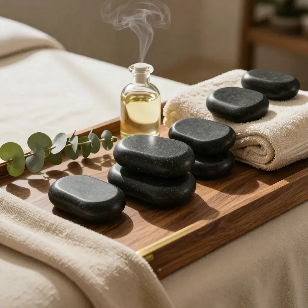 Pierres de massage chauffées, huile et eucalyptus sur table, lumière dorée.