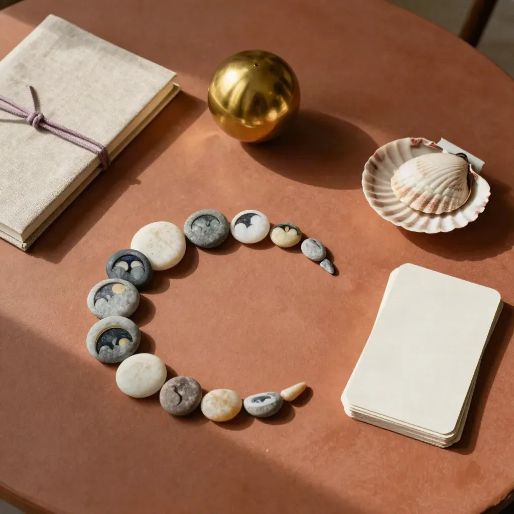 Vue zénithale d’un atelier lunaire avec pierres de phases, orbe en laiton et carnet en lin.