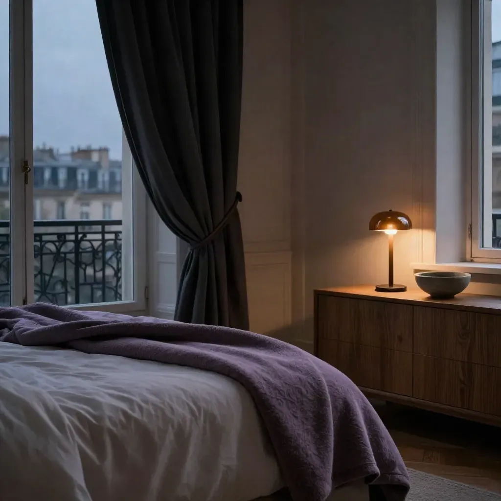 Coin de chambre parisienne apaisé, lit fait, rideaux occultants, lampe douce et bol en pierre.