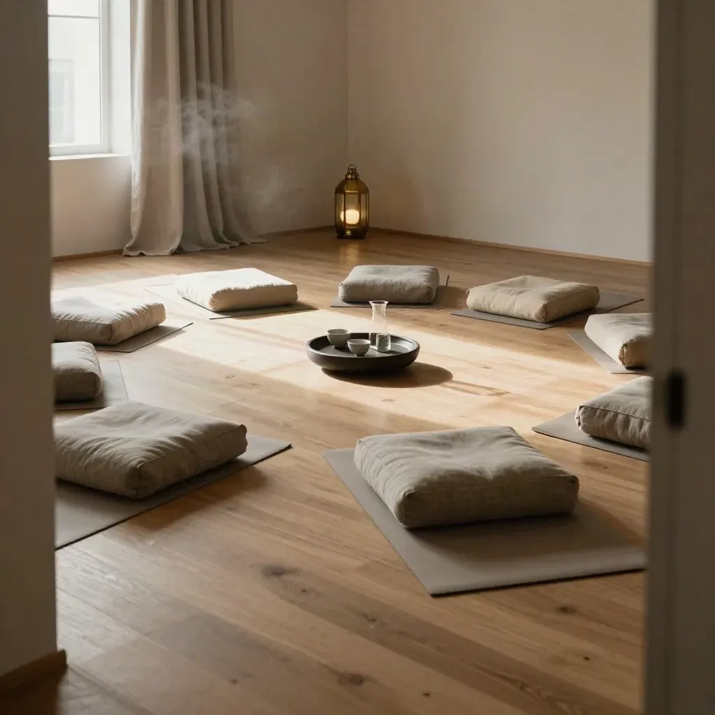Cercle de respiration vide avec coussins, tapis, lanterne et plateau de thé dans un studio lumineux.