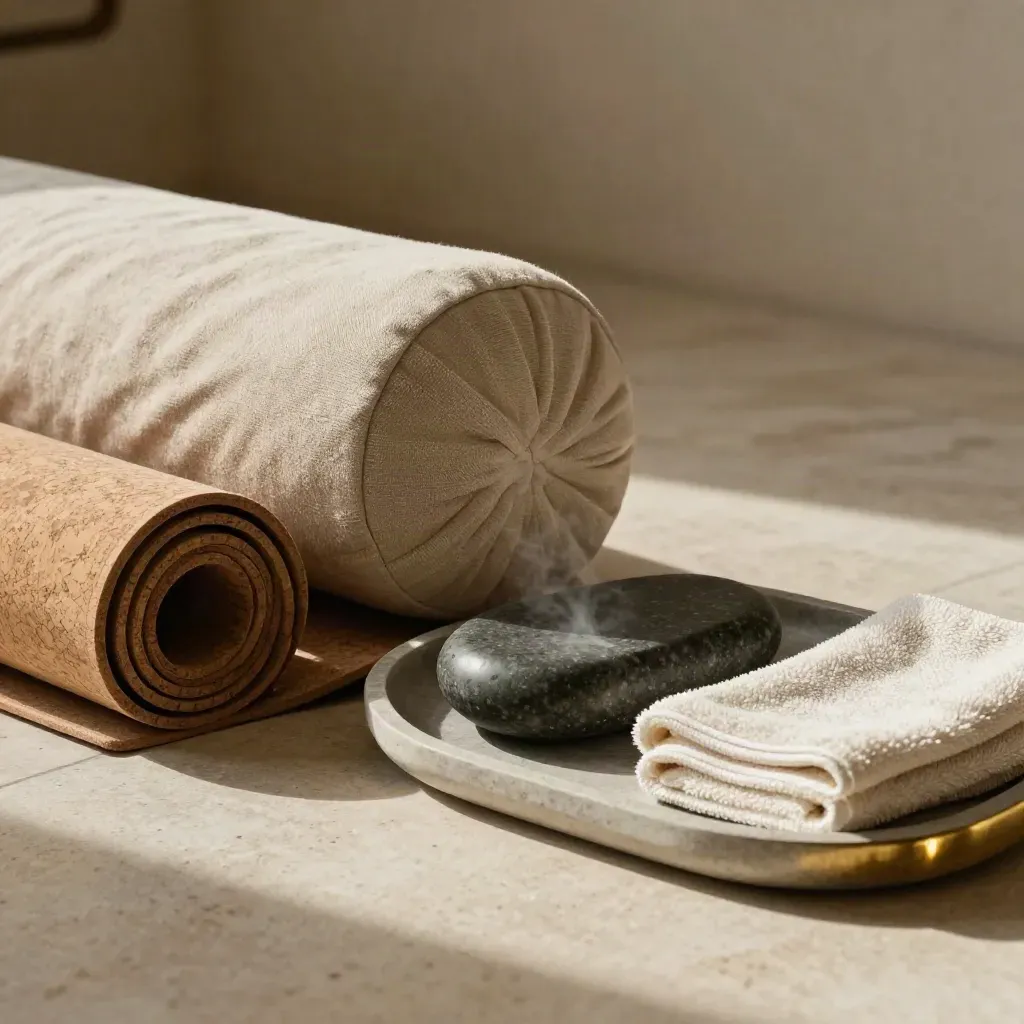 Tapis de yoga roulé, bolster, pierres de massage et serviette dans une pièce calme.