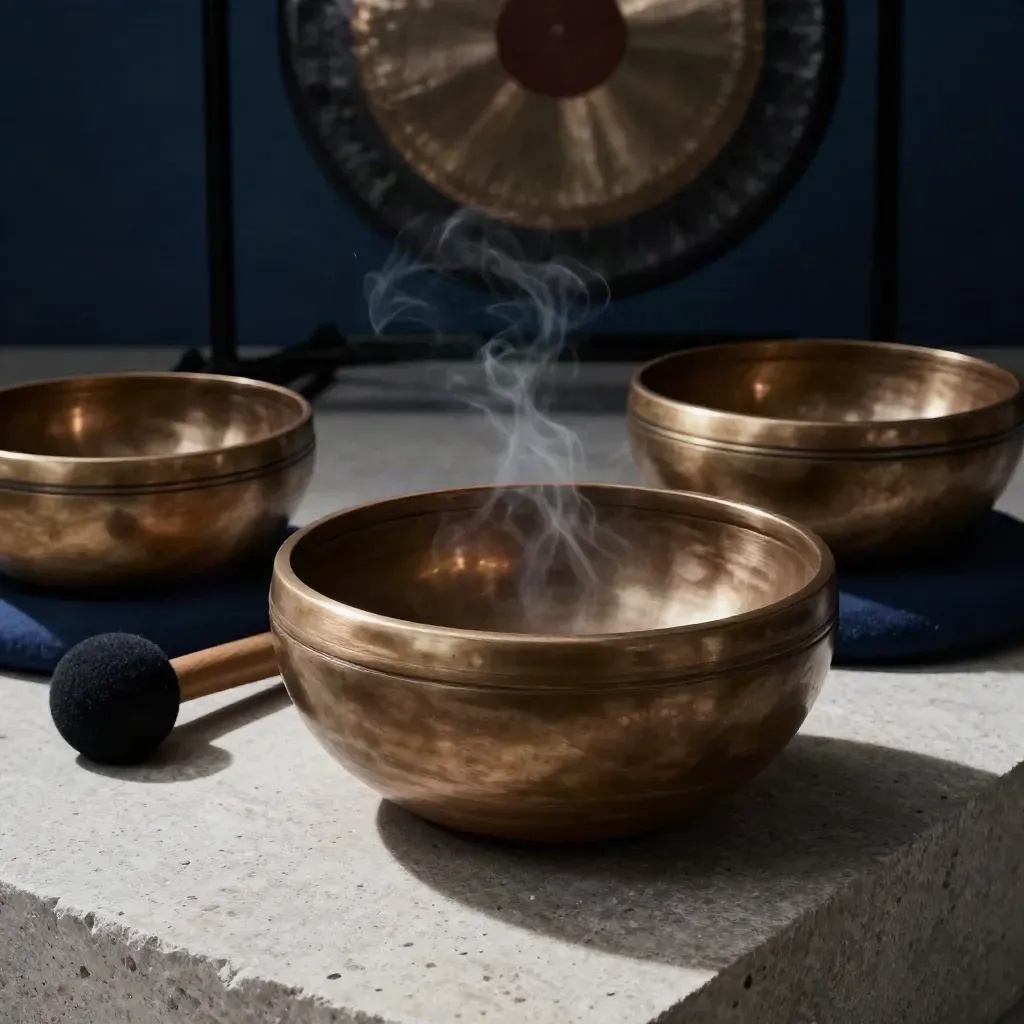 Coin de bain sonore avec bols chantants, gong et coussin sur pierre, lumière cinématographique.