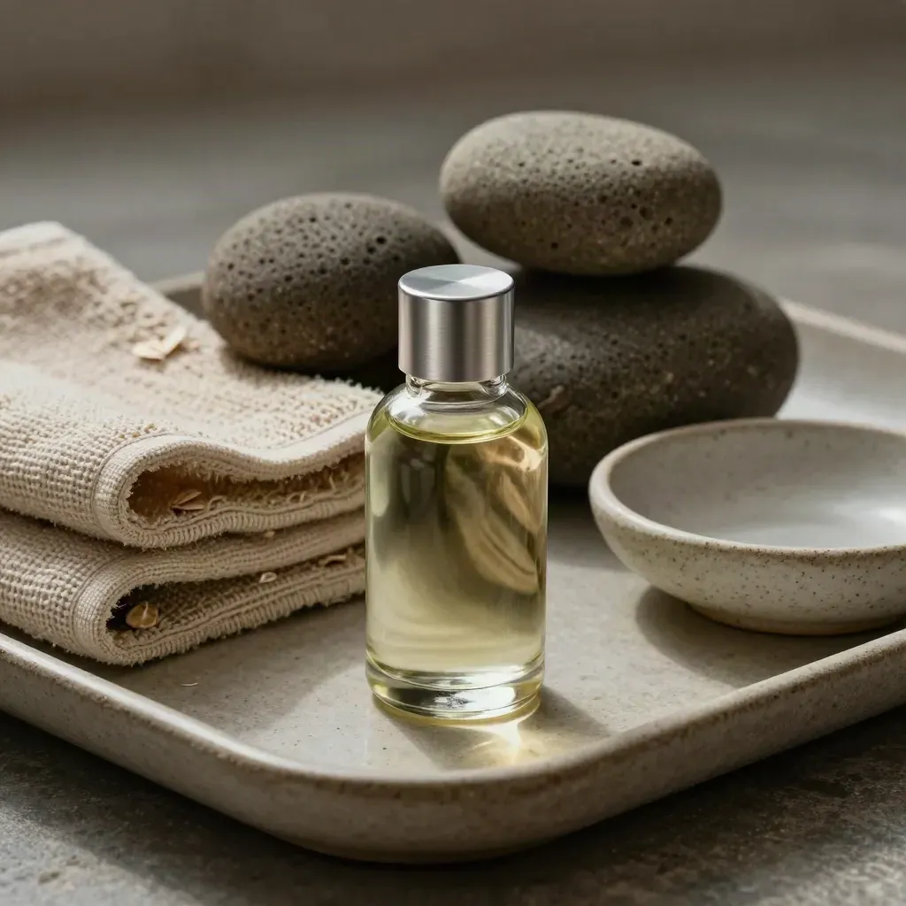 Huilier en verre, pierres de basalte chaudes et serviettes pliées sur un plateau de massage