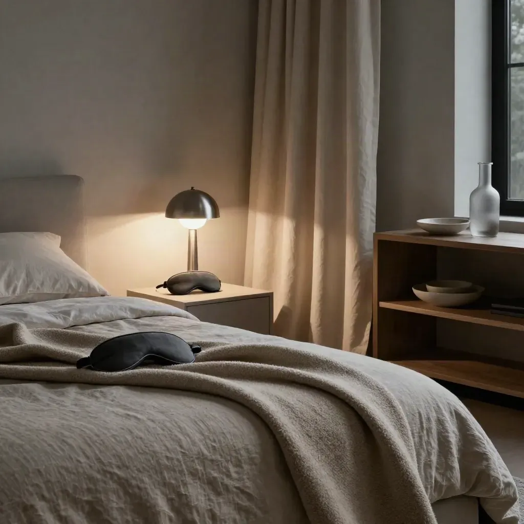 Chambre de repos avec rideaux fermés, lampe douce, couverture pliée et masque de sommeil.