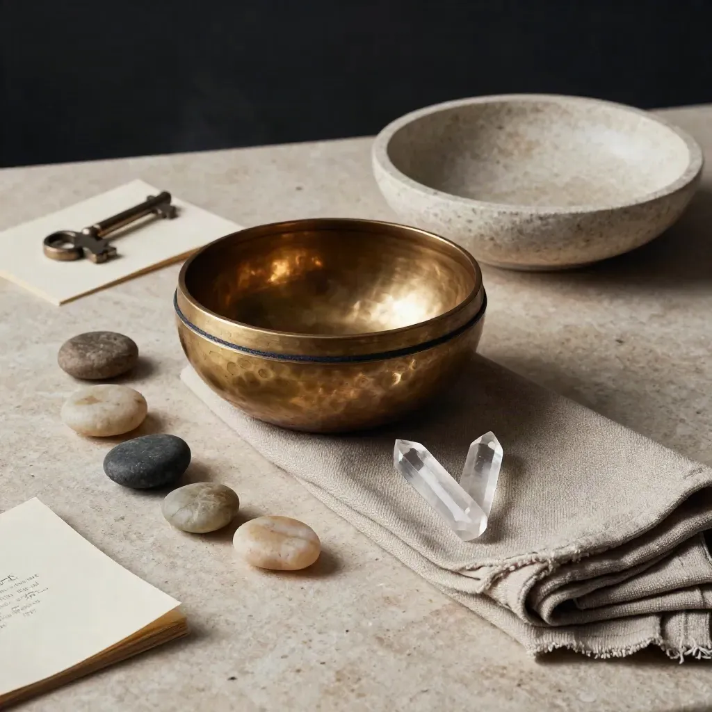 Bol chantant en laiton, quartz et galets sur travertin, dans une lumière dramatique.