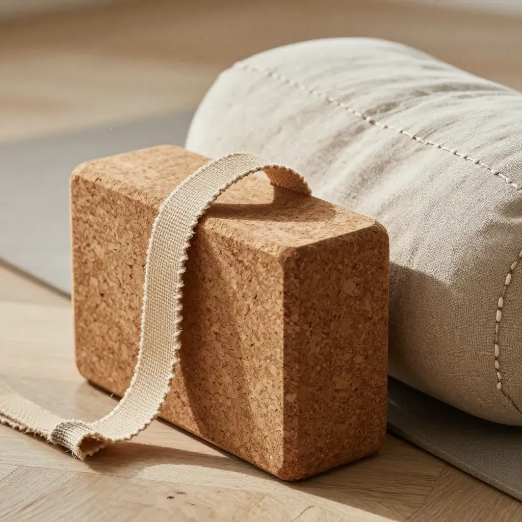 Gros plan macro d’un bloc de yoga en liège, sangle en fibre, tapis roulé et bolster en lin.