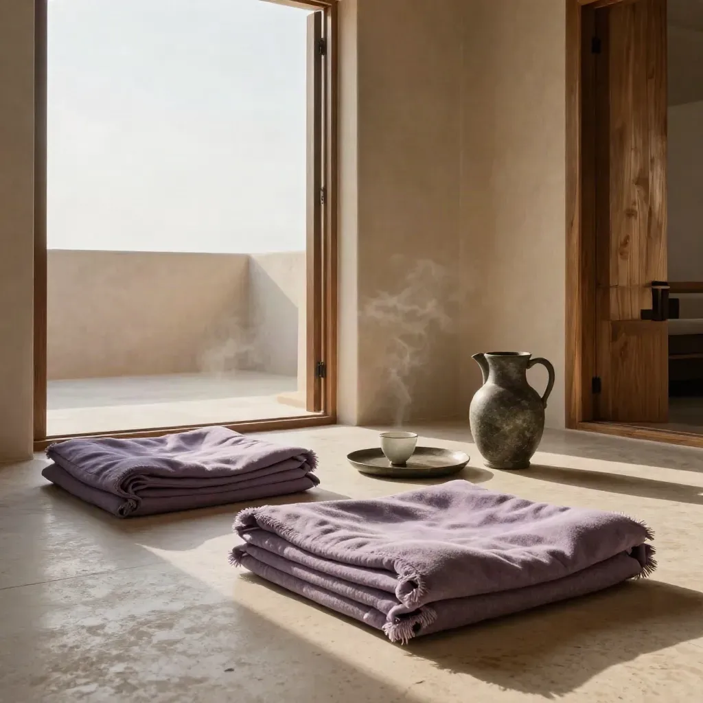 Salon de retraite avec coussins de méditation, couvertures pliées, théière et porte sur ciel vide.