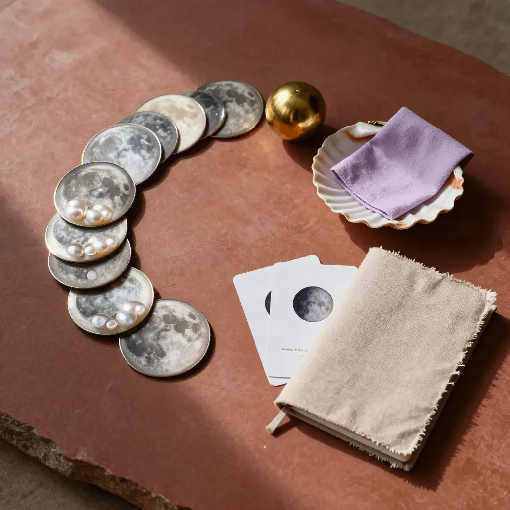Disques lunaires, orbe en laiton, coquillage et carnet en lin sur fond terracotta.