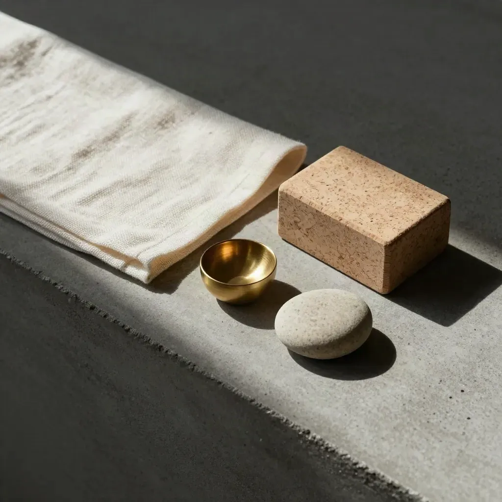 Flatlay apaisant d’un linge, d’un bloc de liège, d’un bol en laiton et d’une pierre sur béton.