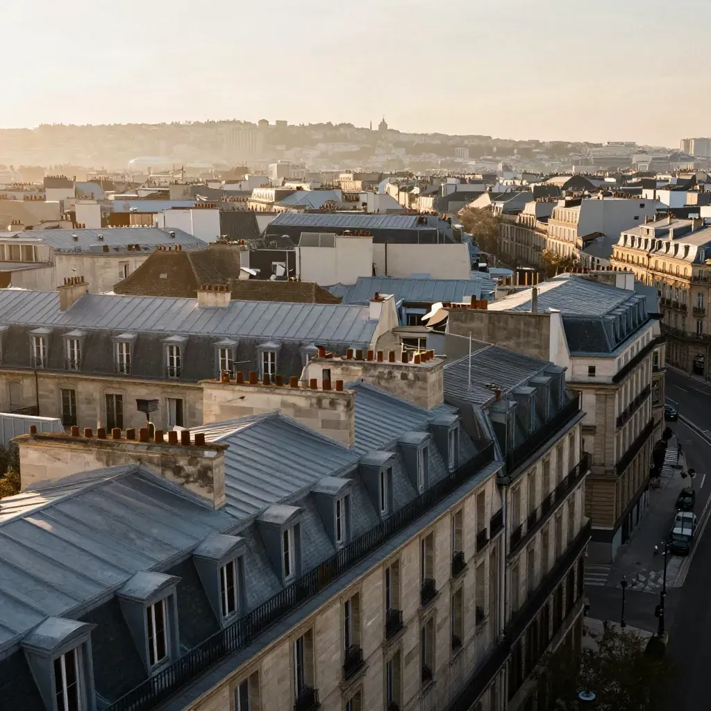 Vue aérienne de toits haussmanniens dorés par la lumière, Paris rive droite dans une brume douce.