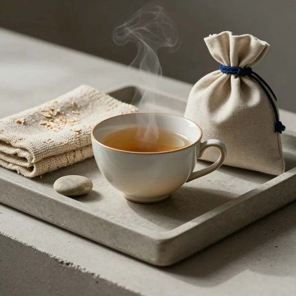 Plateau de pierre avec tasse de thé, couverture pliée, galet et pochette en lin apaisants.