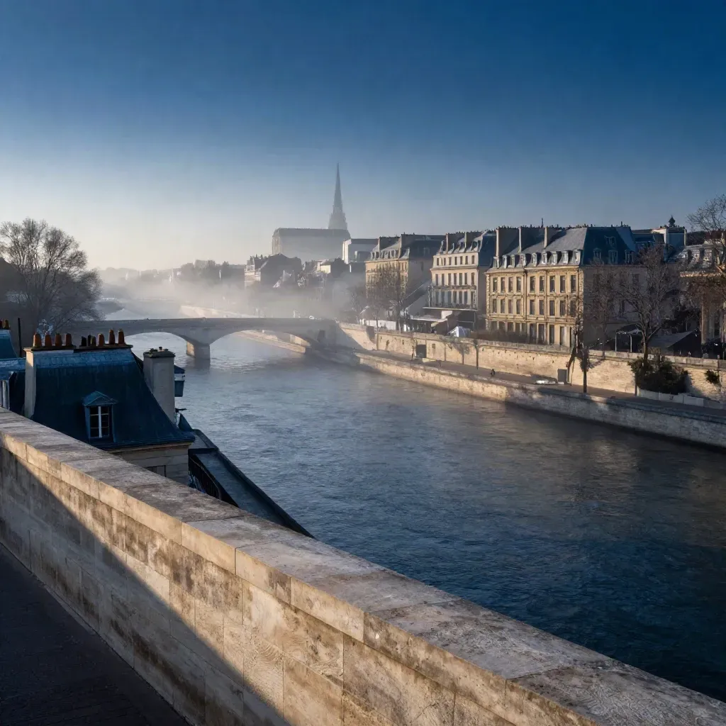 Vue aérienne de Paris Centre avec la Seine, les toits de l’Île de la Cité et une flèche lointaine.