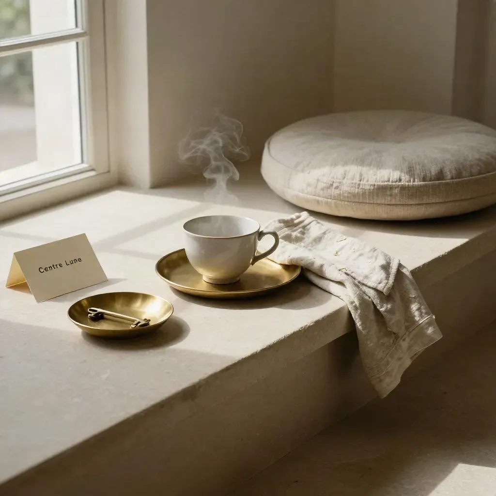 Plateau d’accueil avec tasse fumante, linge plié, coupelle à clés et coussin au seuil.