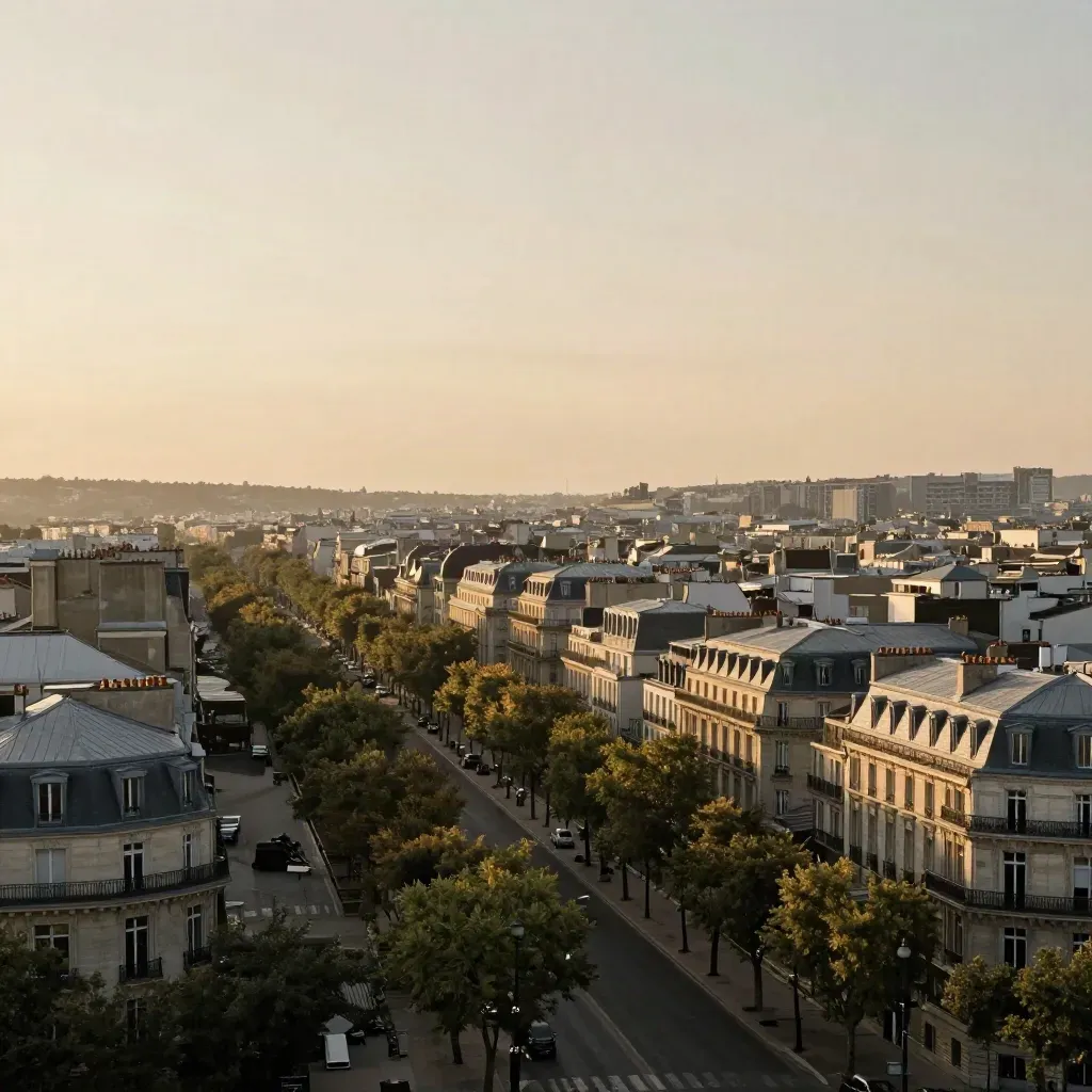 Vue apaisée de l’Ouest parisien au coucher du soleil, avec arbres et façades en pierre.
