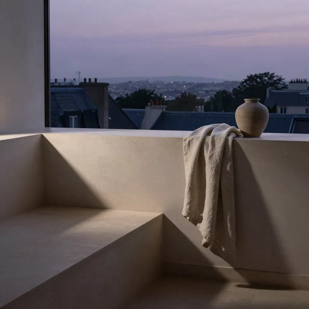 Vue paisible d’un horizon parisien au crépuscule depuis un rebord intérieur clair.