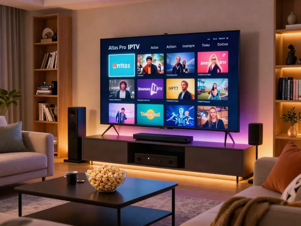 Installation élégante de divertissement à domicile avec atlas pro iptv sur un grand écran.